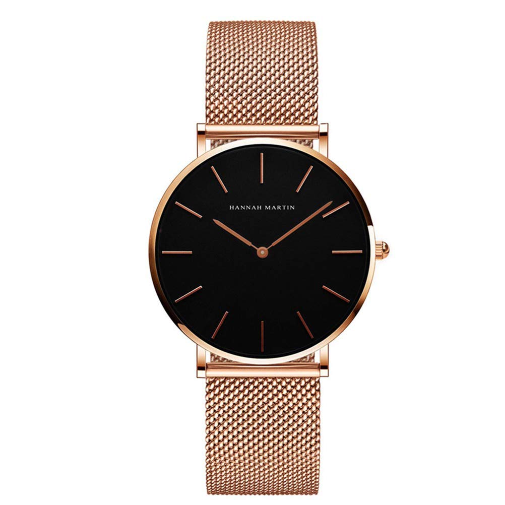 Hannah Martin Ultra Thin Stainless Steel Mesh Band Waterproof Quartz Women's Wrist Watch (Black Dial, Rose Gold-Tone Band)