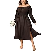Plus Size Maxi Fall Wedding Guest Dress for Curvy Women Long Sleeve Smocked Formal Cocktail Party Dresses Slit