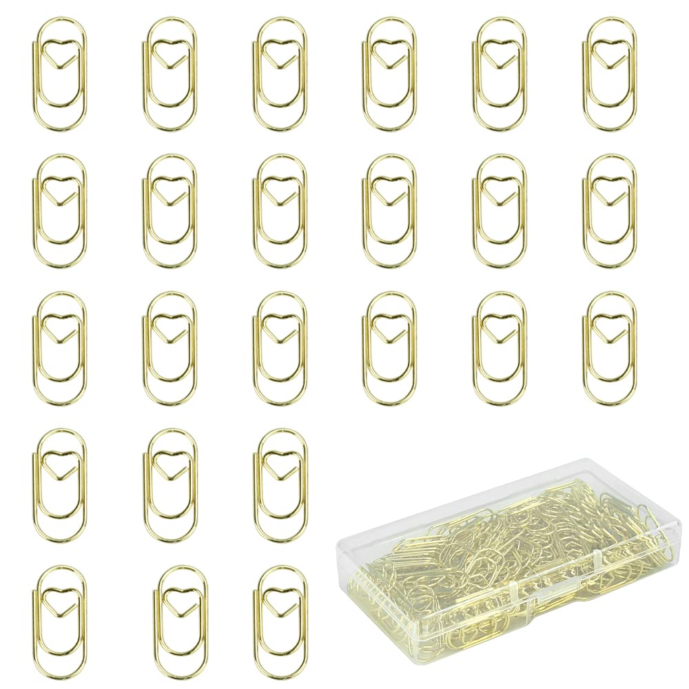 LYTIVAGEN 150 Pcs Gold Paper Clips, Heart Shaped Paperclips Metal Heart Paper Clip Golden Small Bookmark Clip with Plastic Box for Books Photos Posters Notes School Office Supplies