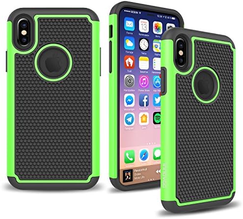 Apple iPhone X Case, INNOVAA Anti-Slip Shockproof Soft Silicone Dual-Layer Durable Armor Case W/ Free Touch Screen Stylus Pen - Black/Green
