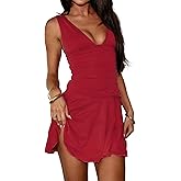 QZOOK Women's Summer A Line Dresses Sexy V Neck Backless Ruched Waist Ruffle Flowy Hem Cocktail Party Club Mini Dress