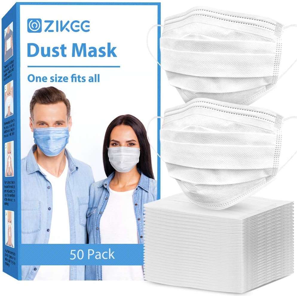 ZIKEE Disposable Respirator (50PCS) with 4D Stereo Structure and 3 Ply Protection (White)