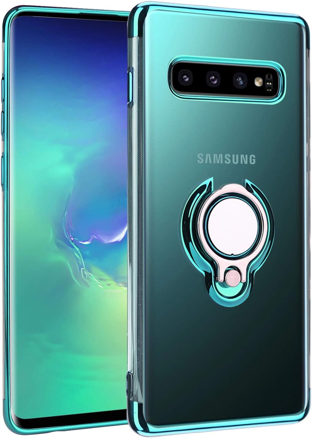 Lontect for Galaxy S10 Case Clear Slim Soft TPU Cover Case with Electroplated Frame Finger Grip Rotating Ring Holder Stand Work with Magnetic Car Mount for Samsung Galaxy S10, Green
