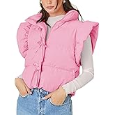 Tankaneo Womens Cropped Puffer Vest Ruffle Sleeveless Tie Front Stand Collar Quilted Vest Winter Zip Up Padded Gilets Coats