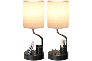 FENMZEE Bedside Table Lamps for Bedroom Set of 2 - Nightstand Light with AC Outlet and USB A & C for Charging, 3 Color Temperatures, Study Desk Lamp with Pen Holder & Phone Stand for Living Room/Dorm/Office