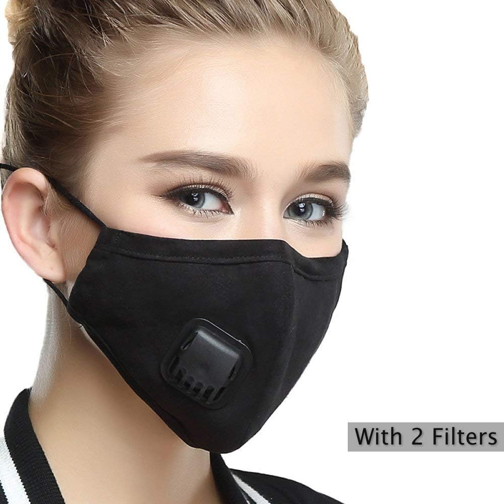 Reusable Comfy Respirator (One Mask + 2Filters) Mask Washable Cotton Mouth Masks with Valve Replaceable Filter Activated Carbon Dustproof/Dust Mask-Pollen Allergy/Running/PM2.5/Activities-Women Black