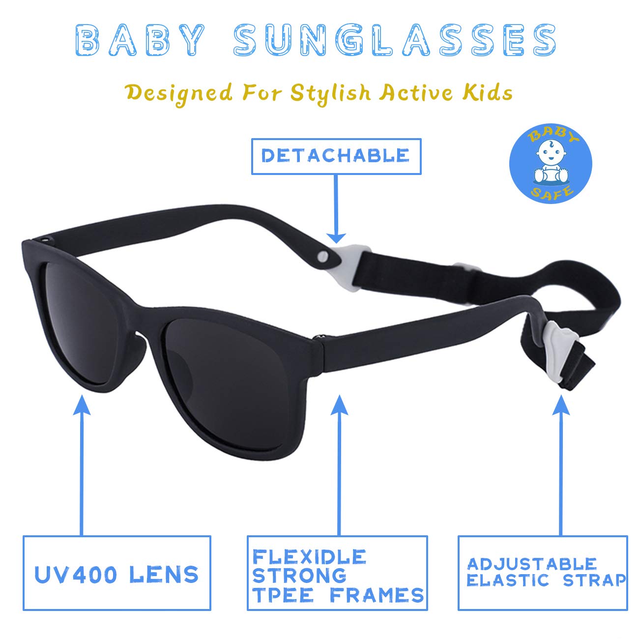 MAXJULI Baby Infant Sunglasses Safe, Soft, With Adjustable Strap 0-24 Months BPA Free 7002