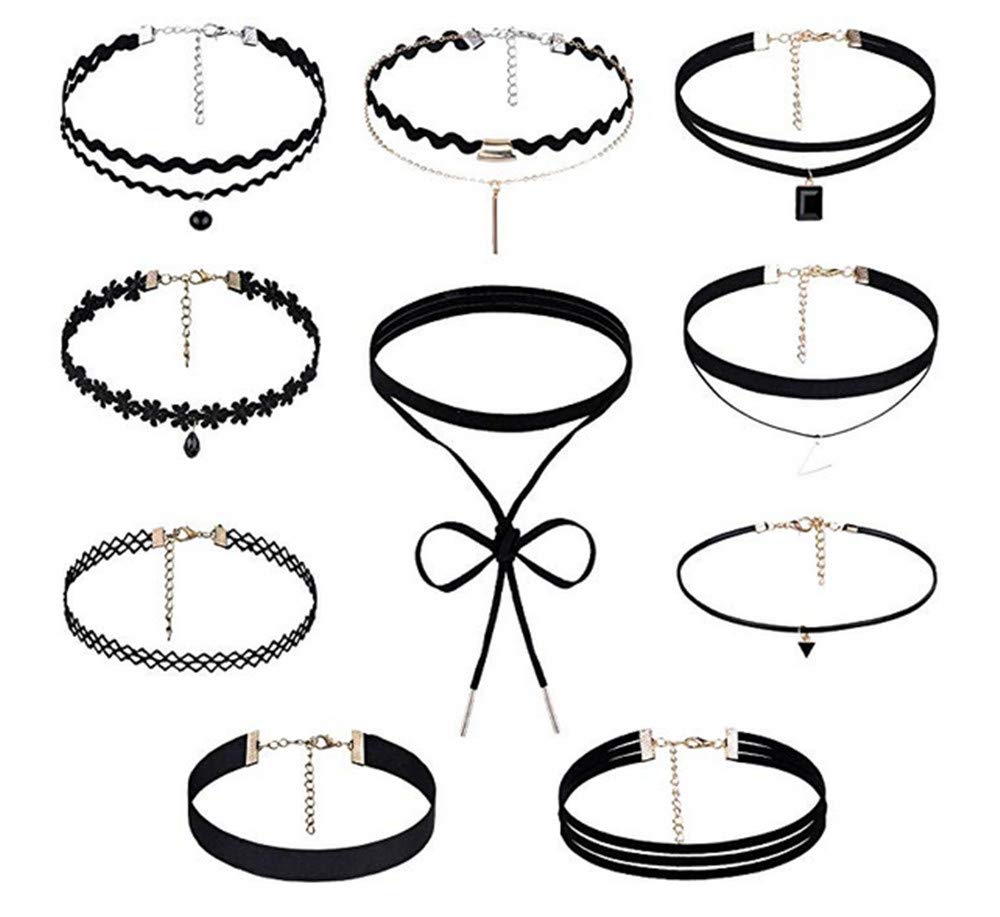 Febbya Choker Necklace Set,10 Pack Stretch Necklaces Tattoo Choker for Teen Girls Women Elastic Velvet Black 28+7CM — image 1
