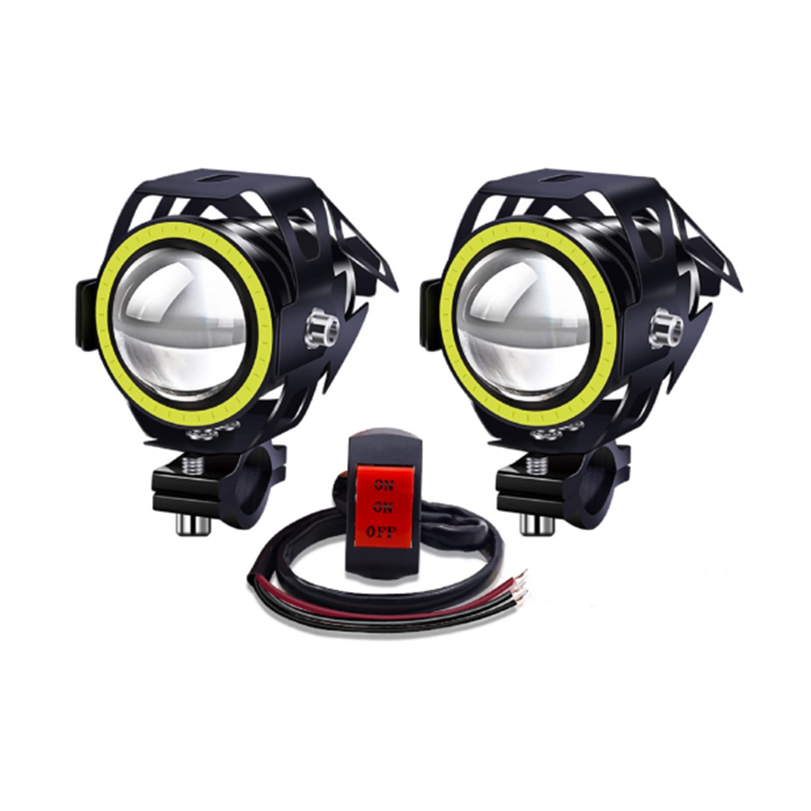 YnGia Motorcycle Fog Lights Led Spotlights with White Halo, 2PCS U7 Motorcycle DRL Spot Lights 12V 24V with ON/ON/Off 3 Wires Switch, Waterproof Additional Lights with High Low Beam Strobe