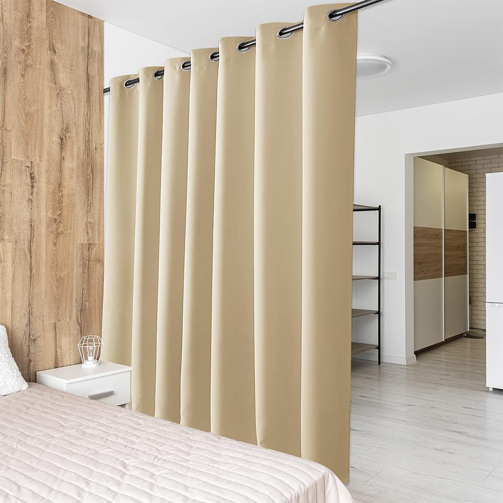 PONY DANCE Extra Wide Room Divider Privacy Curtain - Long Eyelet Thermal Insulated Curtain Super Soft Room Darkening & Energy Saving & Soundproof Panel, 1 Panel, 100 x 95 Inch, Biscotti Beige