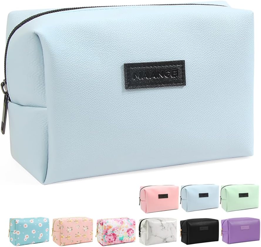 Maange Small Makeup Bag PU Leather Portable Blue 17x8.3x12.4cm Zipper