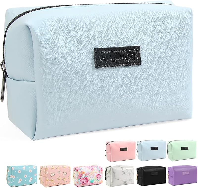 Maange Small Makeup Bag PU Leather Portable Blue 17x8.3x12.4cm Zipper