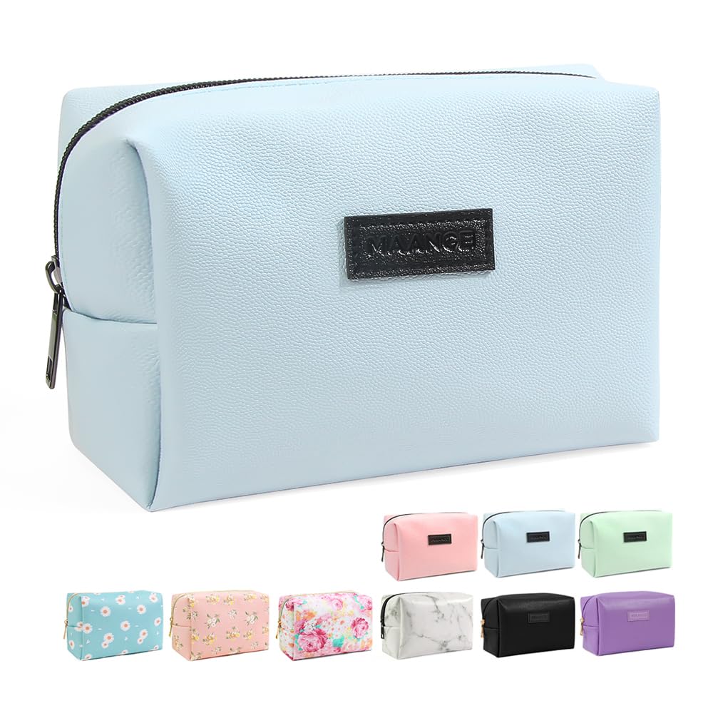Small Makeup Bag MAANGE Travel Cosmetic Bag Makeup Pouch PU Leather Portable Versatile Zipper Make up Bag for Women (Blue)