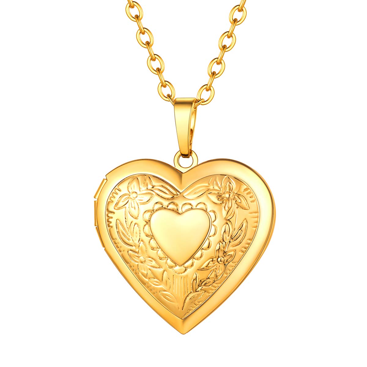 FOCALOOK Gold Locket Necklace That Holds Pictures Floral Pattern 18K Gold Plated Women Jewelry Heart Pendant Necklace