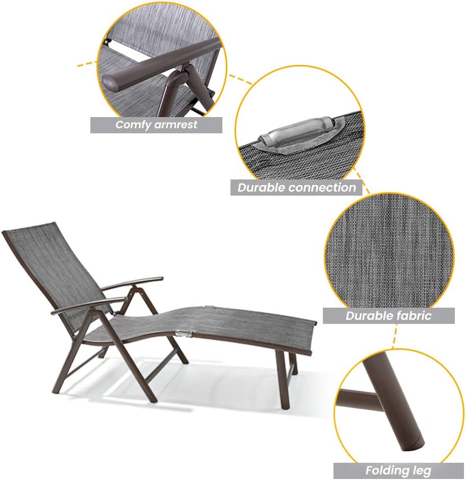 Crestlive Products Aluminum Beach Yard Pool Folding Recliner Adjustable Chaise Lounge Chair and Table Set All Weather for Outdoor Indoor, Brown Frame (Black & Gray): Furniture & Decor