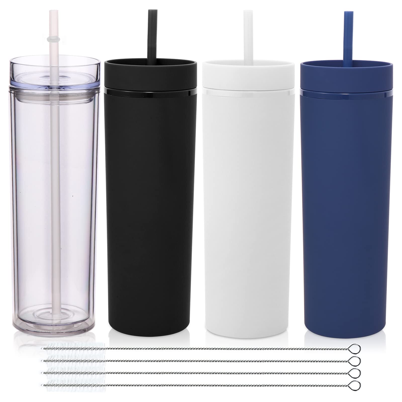 Volhoply 20oz Plastic Skinny Tumblers Bulk 4 Pack,Double Wall Tumbler with Lid and Straw,BPA Free Matte Acrylic Water Cups for Parties(Assorted, 4 Set)