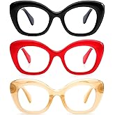 REAVEE 3 Pack Oversized Cat Eye Reading Glasses for Women men Thick Frame, Blue Light Blocking Readers Stylish Large Eyewear