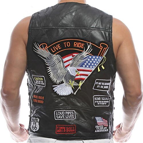 Embroidery-Leather-Vest-Waistcoat-Halley-Motorcycle-Riding-Punk-Hip-hop-Riding (M, Black-Stitching-Have embroidery)