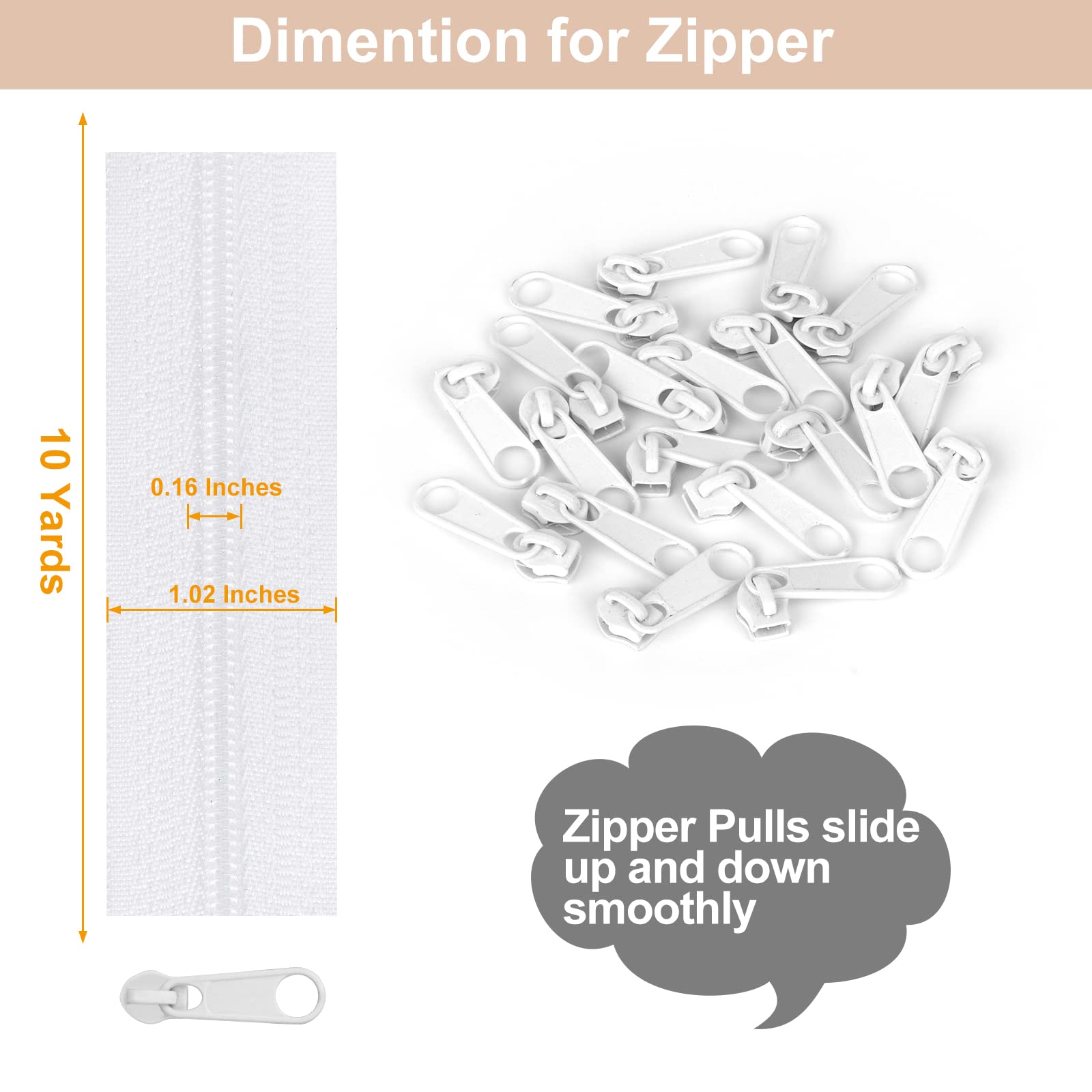 MiniRed 10Yards White Nylon Coil Zipper by The Yards, #3 Bulk Zippers for DIY Sewing Craft Bags with Replacement 20PCS Sliders (#3 White)