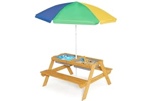 OLAKIDS Kids Picnic Table, 4 in 1 Outdoor Toddler Sand Water Wooden Table and Chair Set with Removable Umbrella, Children Act