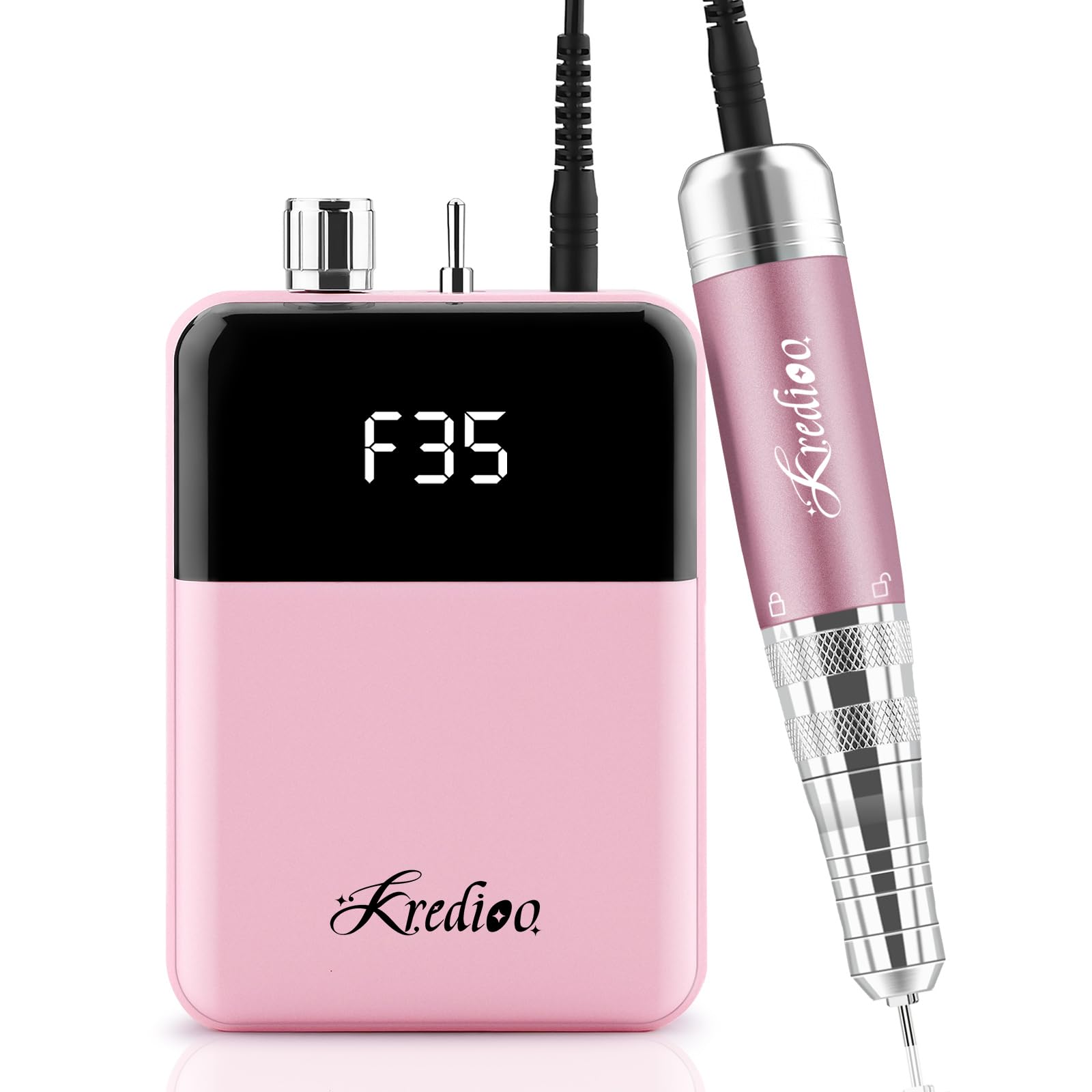 Kredioo 6 in 1 Nail Drill Machine Rechargeable, 35000RPM Electric E File with LCD Display, Manicure Pedicure Acrylic Gel Shaping Kit, for Beginner, Training, Nail Salon, Home Use (Pink)