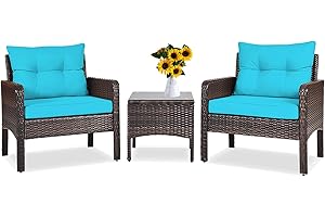 DORTALA Wicker Patio Furniture Set 3 Piece, Outdoor Small Table and Chairs with Cushions, All Weather Balcony Conversation Bi