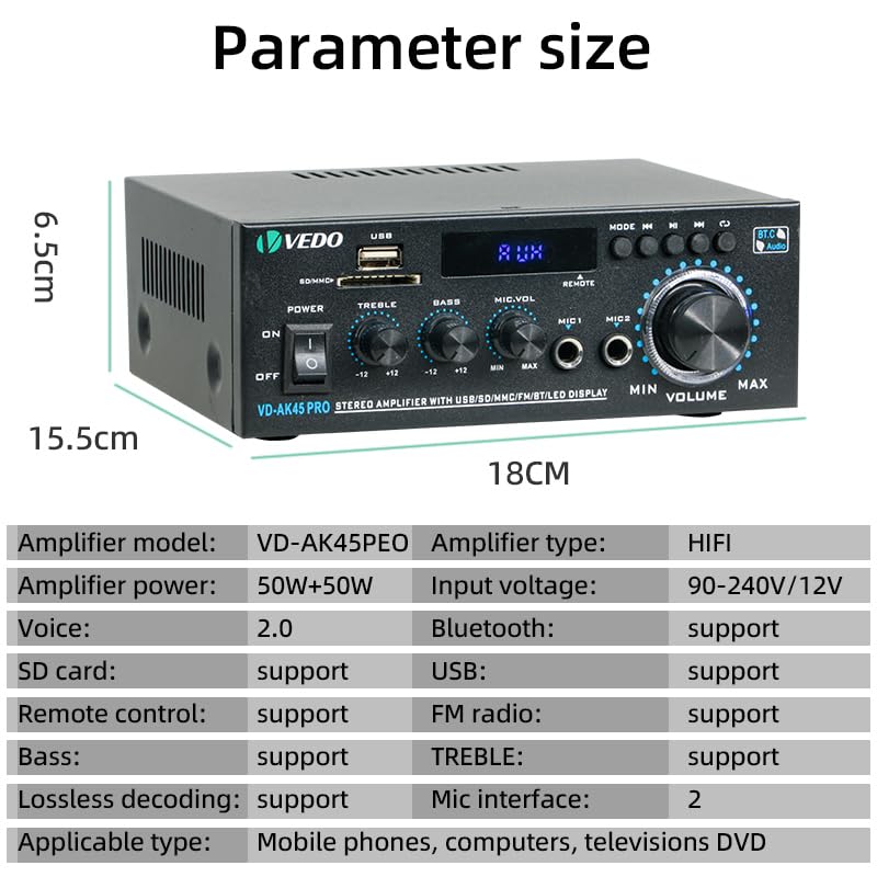 Amplificador de áudio estéreo profissional AK45 Pro, sistema de amplificação de potência sem fios Bluetooth 5.0 de dois canais de 300 W, adequado para uso doméstico, rádio FM, USB e controlo remoto