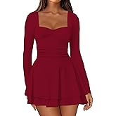 IWD Women's Square Neck Long Sleeve Mini Dress Ruched Corset Waist Tiered Ruffle Hem A Line Short Party Dresses