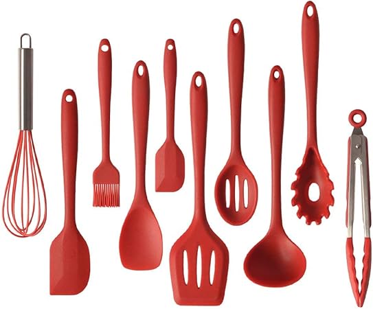Chuckssss Silicone Keukengerei Set 10 Stks Hittebestendig Anti Aanbakmateriaal Siliconen Kookgerei Met Massief Core Bakken Bbq Kookgereedschap Kit Met Spatel Tangen Pasta Vork Turner Ladle Enz One Size Rood Amazon Nl