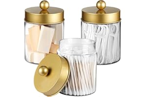 Komashr 3PC Farmhouse Decor Qtip Holder Apothecary Jars Bathroom Vanity Storage Organizer -Countertop Canister Container &Cute Stickers for Cotton Swab,Ball,Pad,Floss,Paper Clips (Gold,Plastic)