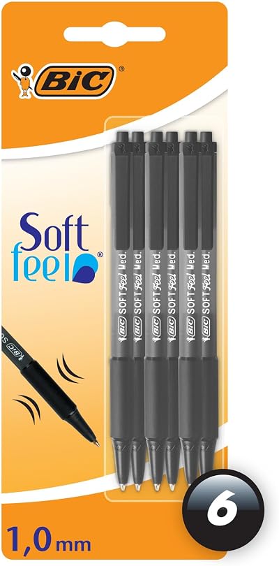 BIC Soft Feel Ballpoint Pens 1.0mm Retractable Black 6 Pack with Comfort Grip