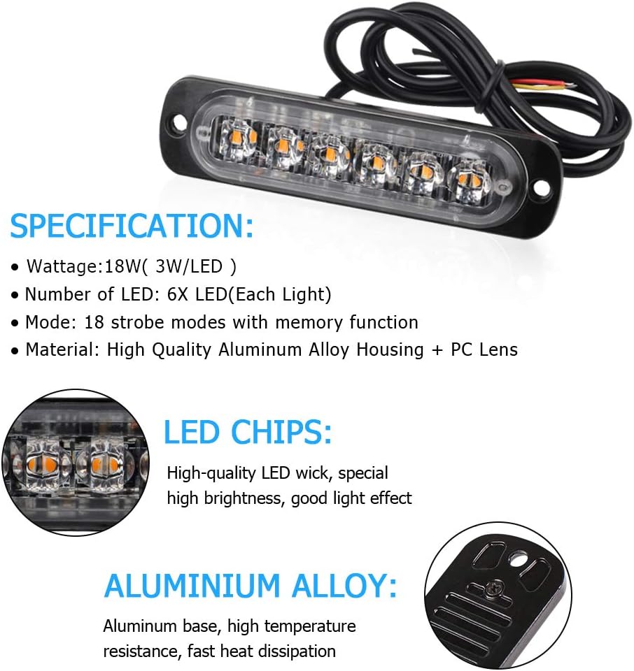 yifengshun 4PCS 6LED Amber Emergency Warning Strobe Lights - Image 4