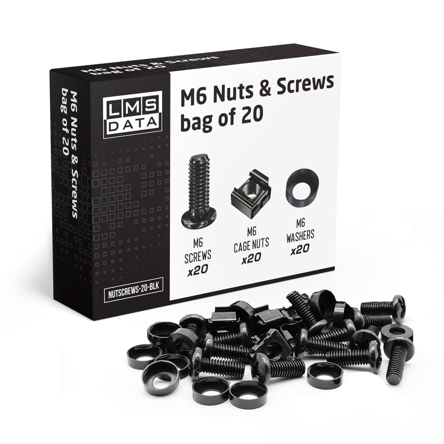 LMS Data M6 Cage Nuts, Bolts and Washers Kit 20 PACK- For Rack Mount Equipment installation on Network cabinets (20 pack, Black)
