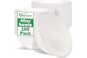 Bionutrio 40oz Large Paper Bowls Disposable, 100 Pack Heavy Duty, Compostable White Sugarcane Bowls For Cereal, Salads, Hot & Cold Food