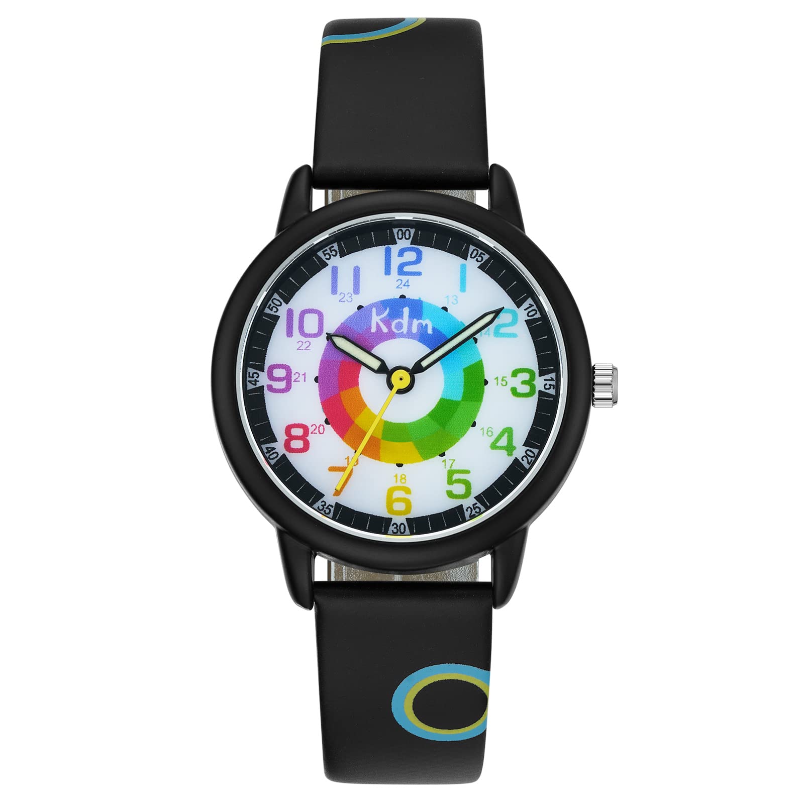 KDM Kids Watches for Girls Boys Ages 5-7 Waterproof Learning Time Leather Luminous Analogue Quartz Black