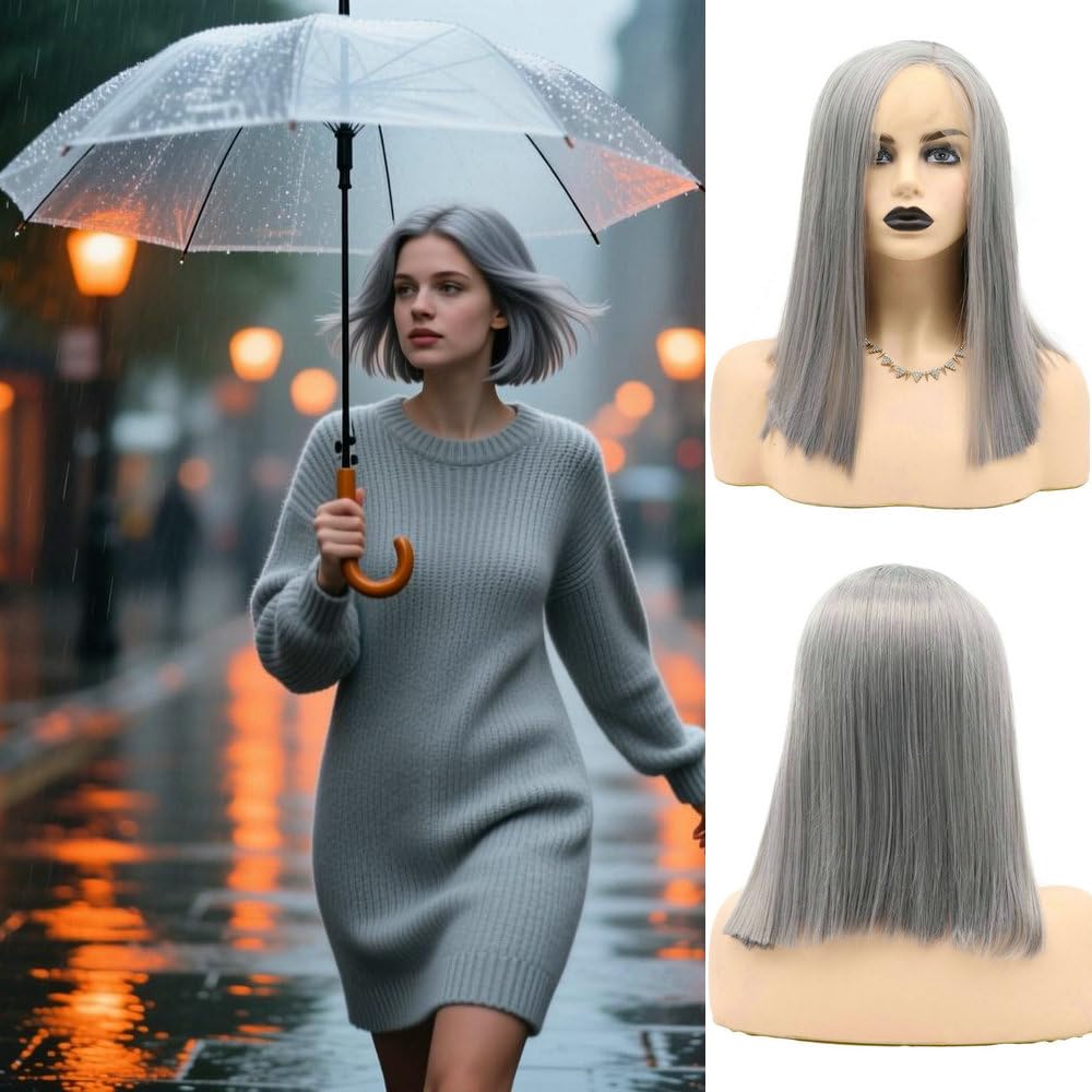 14" Natural Gray Color Shoulder Length Side Part Synthetic Lace Front Wigs for Women Cosplay Party Daily Use Short Bob Natural Gray Color Replacement Summer Wig