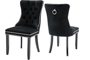 Virabit Tufted Set of 2 Black Dining Chairs with Nailhead Back and Ring Pull Trim, Velvet Upholstered Dining Chairs for Kitchen/Bedroom/Dining Room