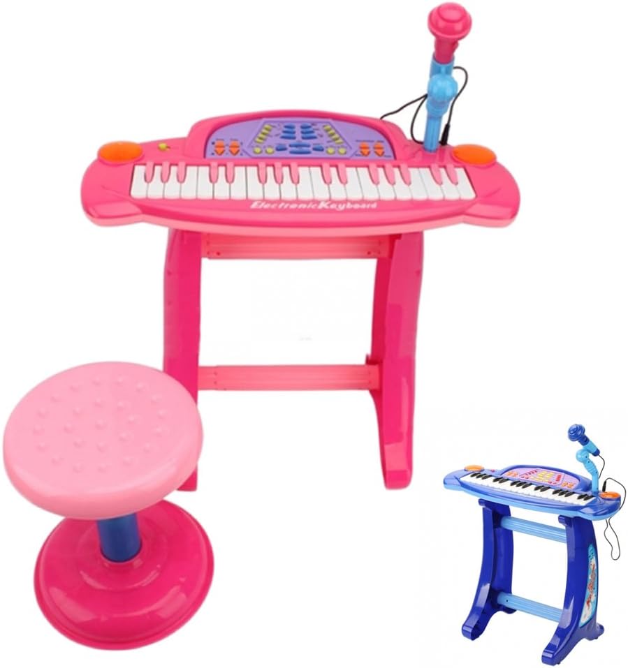 Childrens Recording Karaoke Electronic Keyboard Piano - Electric Keyboard with Lights for Boys Girls – PL2011 Mega Music Station - 36 Keys - 32 functions – Microphone, Mic Stand, Stool (Pink)