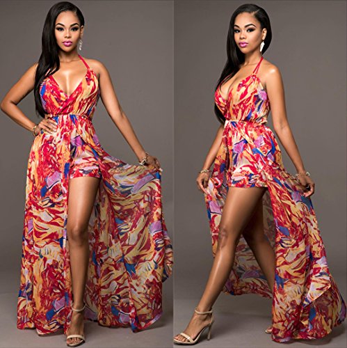 Kearia Women Summer Sexy V Neck Halter Floral Maxi Skirt Overlay Romper Playsuit - Best Made 