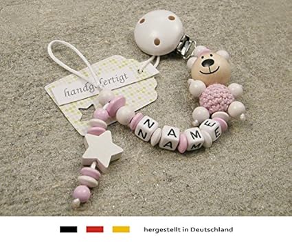 Baby SCHNULLERKETTE mit NAMEN | Schnullerhalter mit Wunschnamen - Mädchen & Jungen Motiv Bär und Stern in weiss