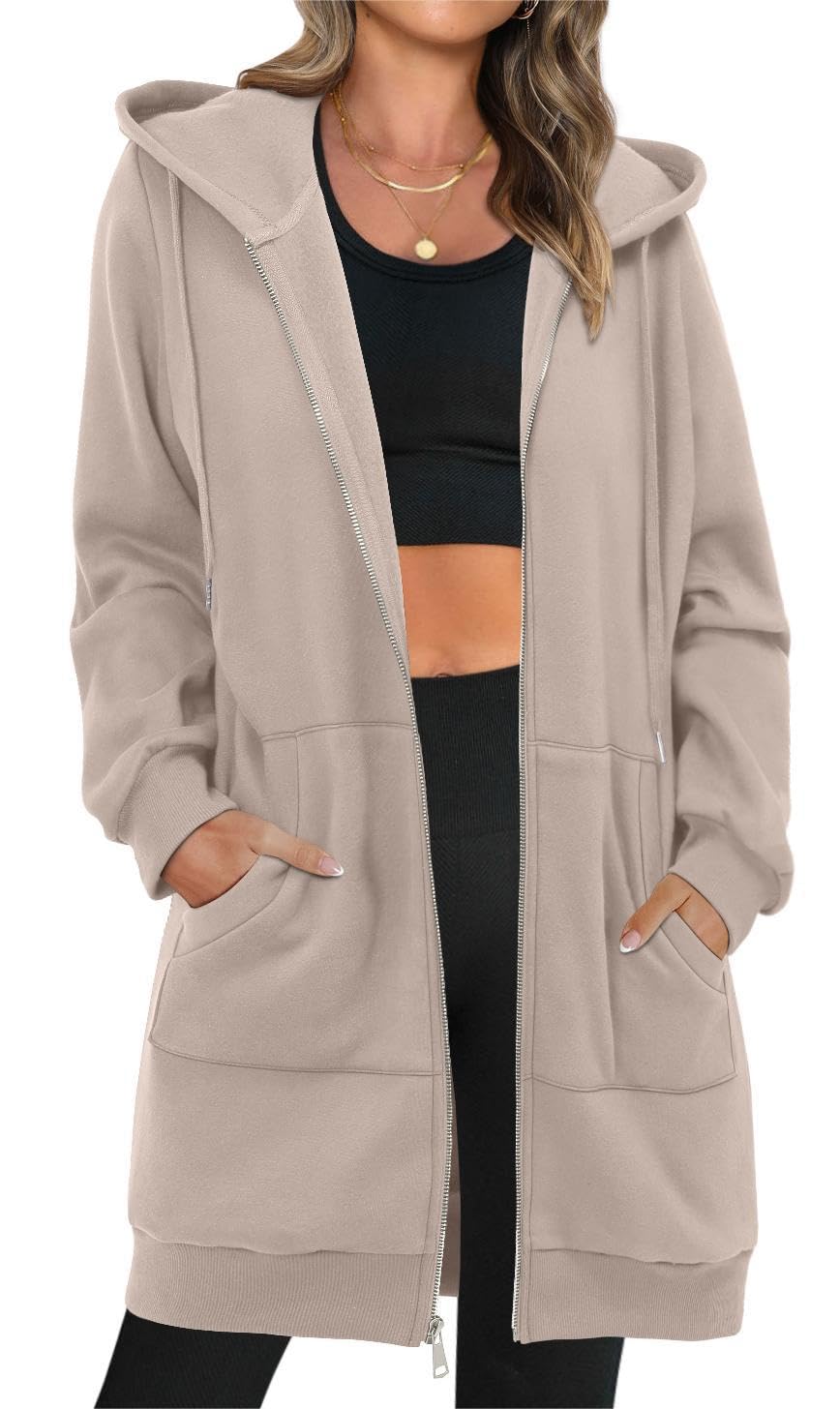 HONHUZH Women's Zip Up Hoodies Long Sleeve Long Tunic Sweatshirts Oversized Fleece Casual Fall Jacket Coat With Pocket