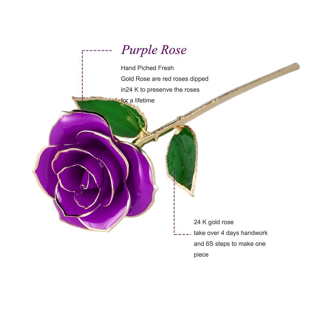 Kingpeony Valentines Day Gifts, Forever Gold Rose 24K Artificial Flowers Dipped Rose Gold Plated Rose with Transparent Stand for Lover, Mother, Girlfriend, Forever Gold Dipped Rose (Purple)