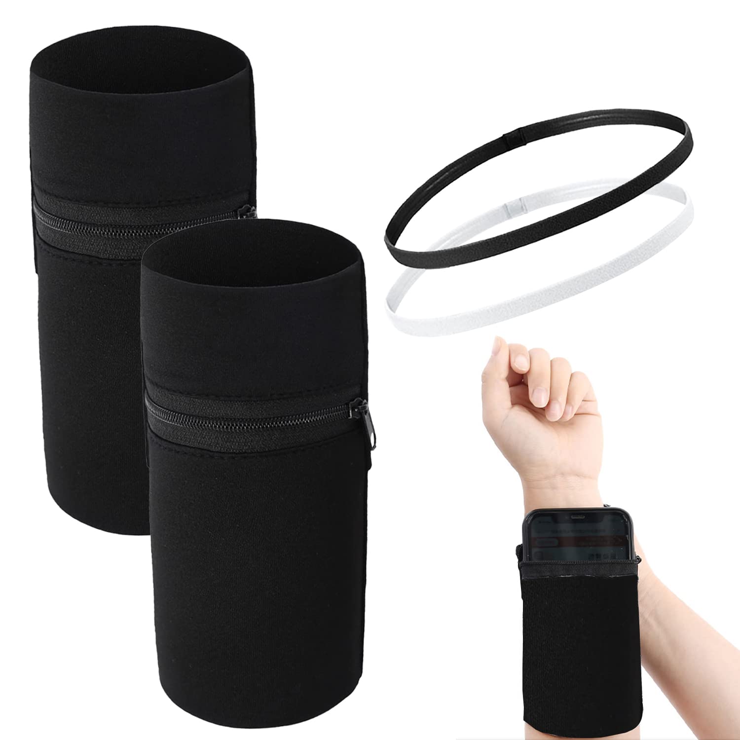 2 Pieces Of Sports Wrist Bag, With 2 Pieces Of Sports Hair Band, Black Wristband Wallet, Can Store Mobile Phones, Keys, Bank Cards, Suitable For Fitness, Running, Walking, Cycling.