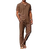 COOFANDY Men 2 Piece Linen Outfit Beach Button Down Shirt Casual Loose Pant Sets