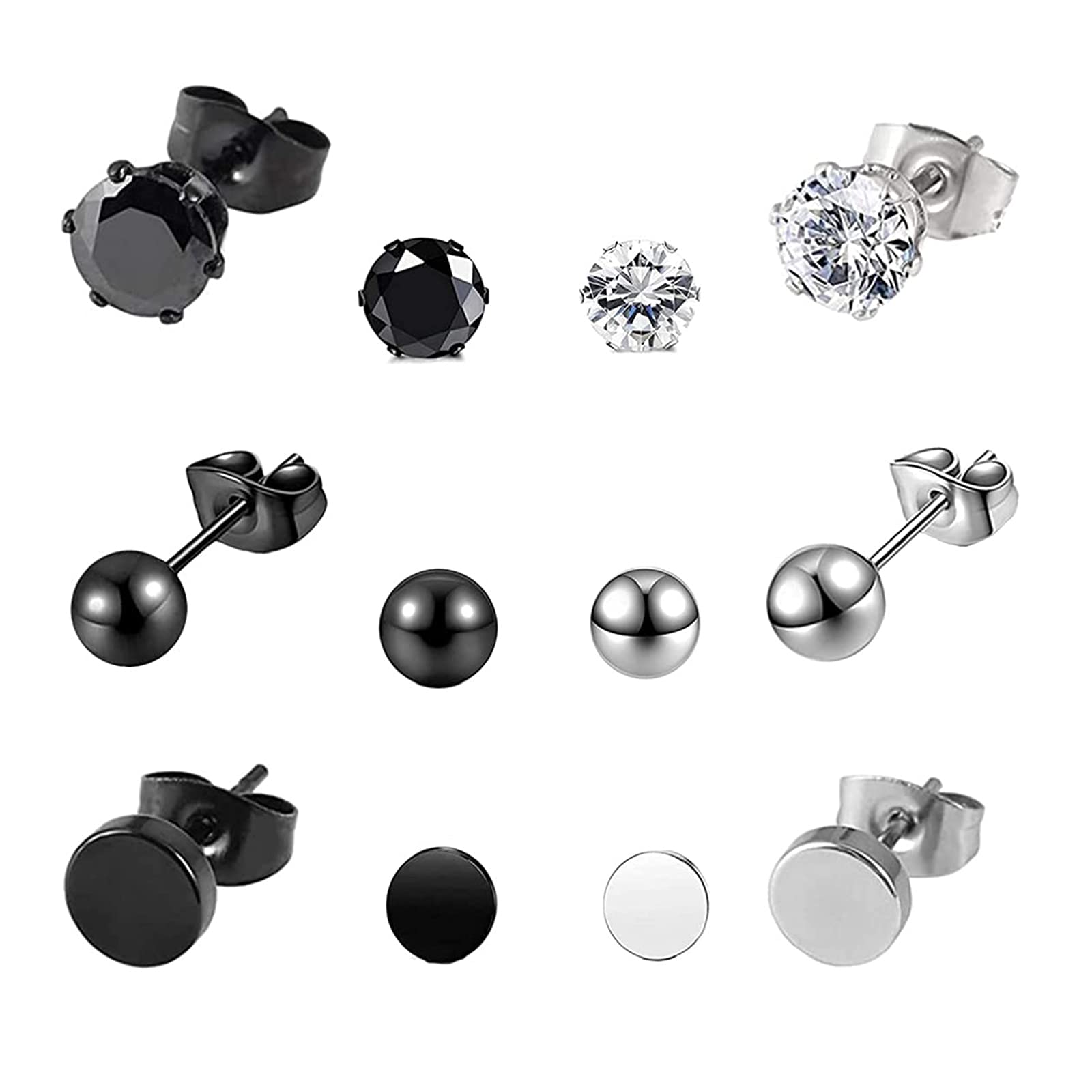 6 Pairs Black Stainless Steel Stud Earrings - CZ Cartilage Huggie Piercing with Dumbbell Barbell and Black Zircon for Women and Men