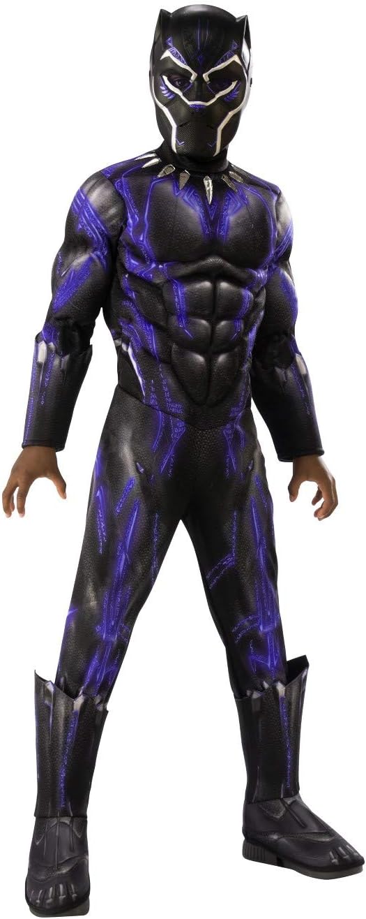 Marvel Rubies Black Panther Deluxe Muscle Halloween Costume Purple Mask Boot Toppers and Muscle Jumpsuit