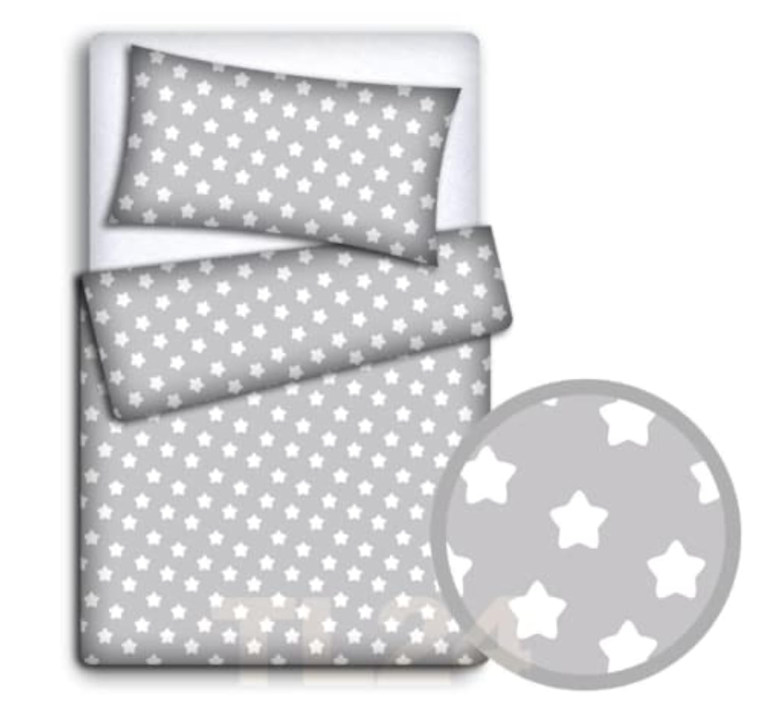 Babymam Baby Bedding Set Pillowcase + Duvet Cover 120x90cm to fit Baby COT - Big White Stars with Grey
