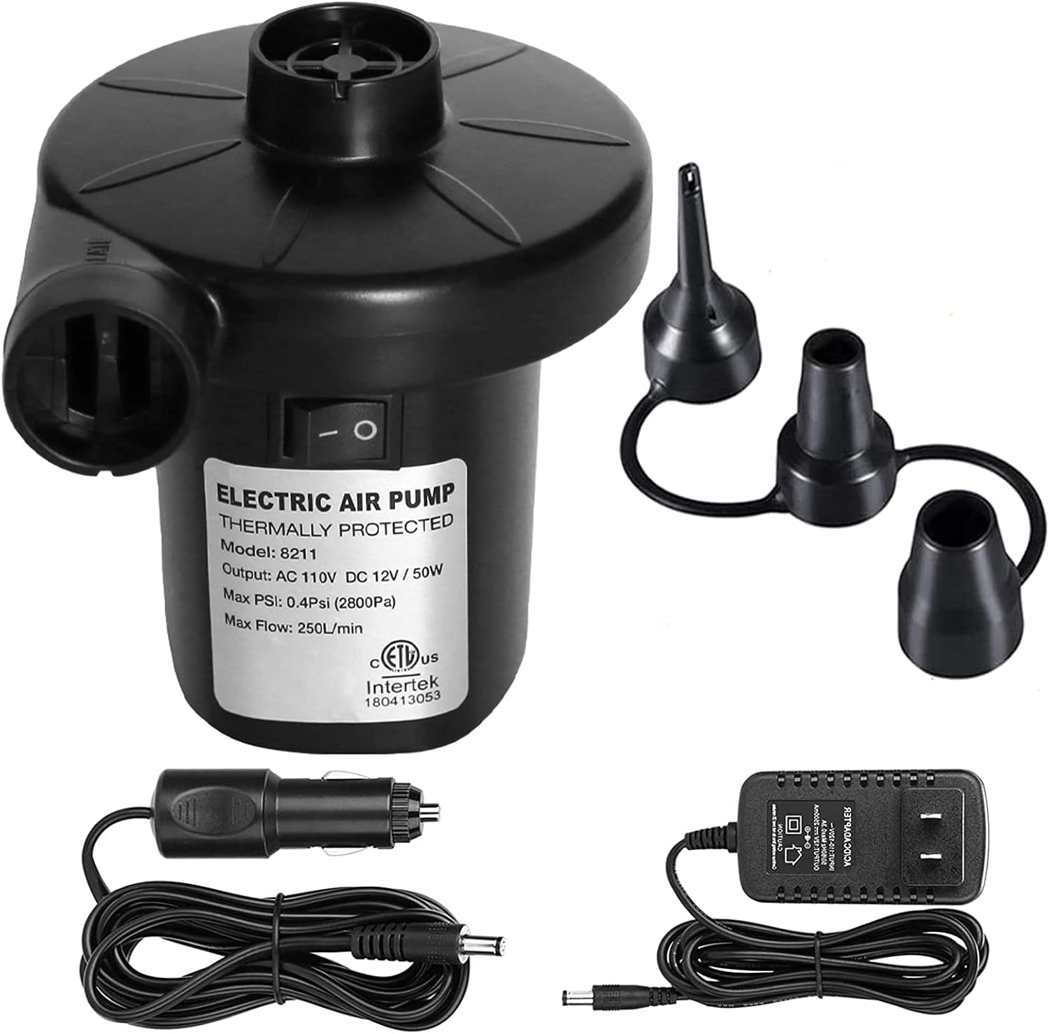 BUYMAX Electric Air Pump for Inflatables 110V AC/12V DC Air Mattress Pump Airbed Boat Pool Raft Inflatable Pool Toys Portable Pump with 3 Nozzles: Sports & Outdoors