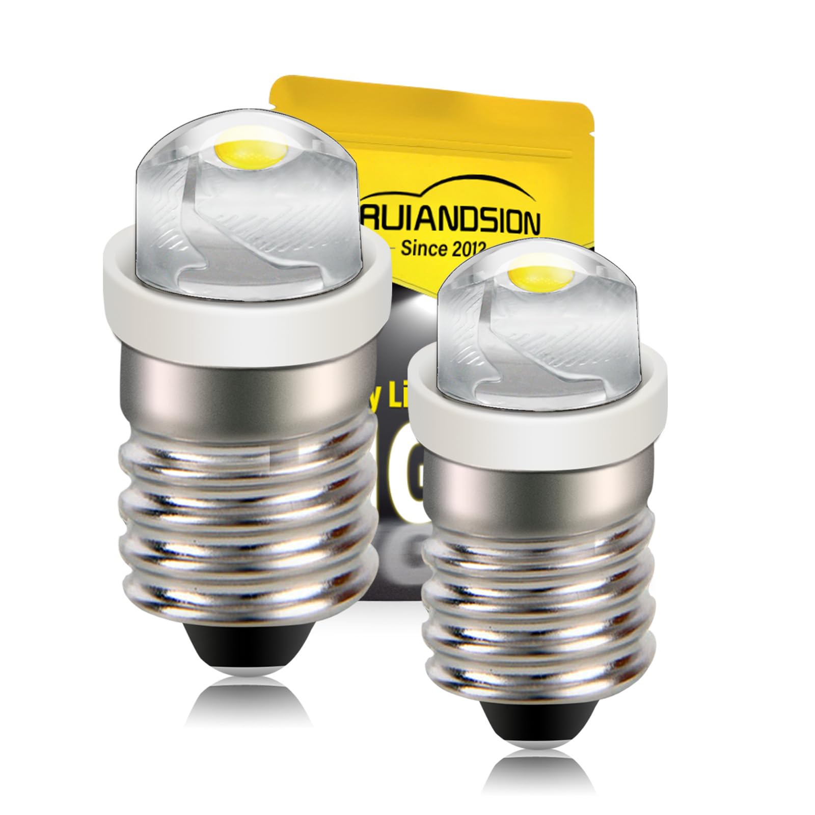 Ruiandsion 2pcs E10 LED Bulb DC 6-12V 0.5W 6000K White 100LM LED Bulb for Torchlight Flashlight Torch Headlight,Negative Earth