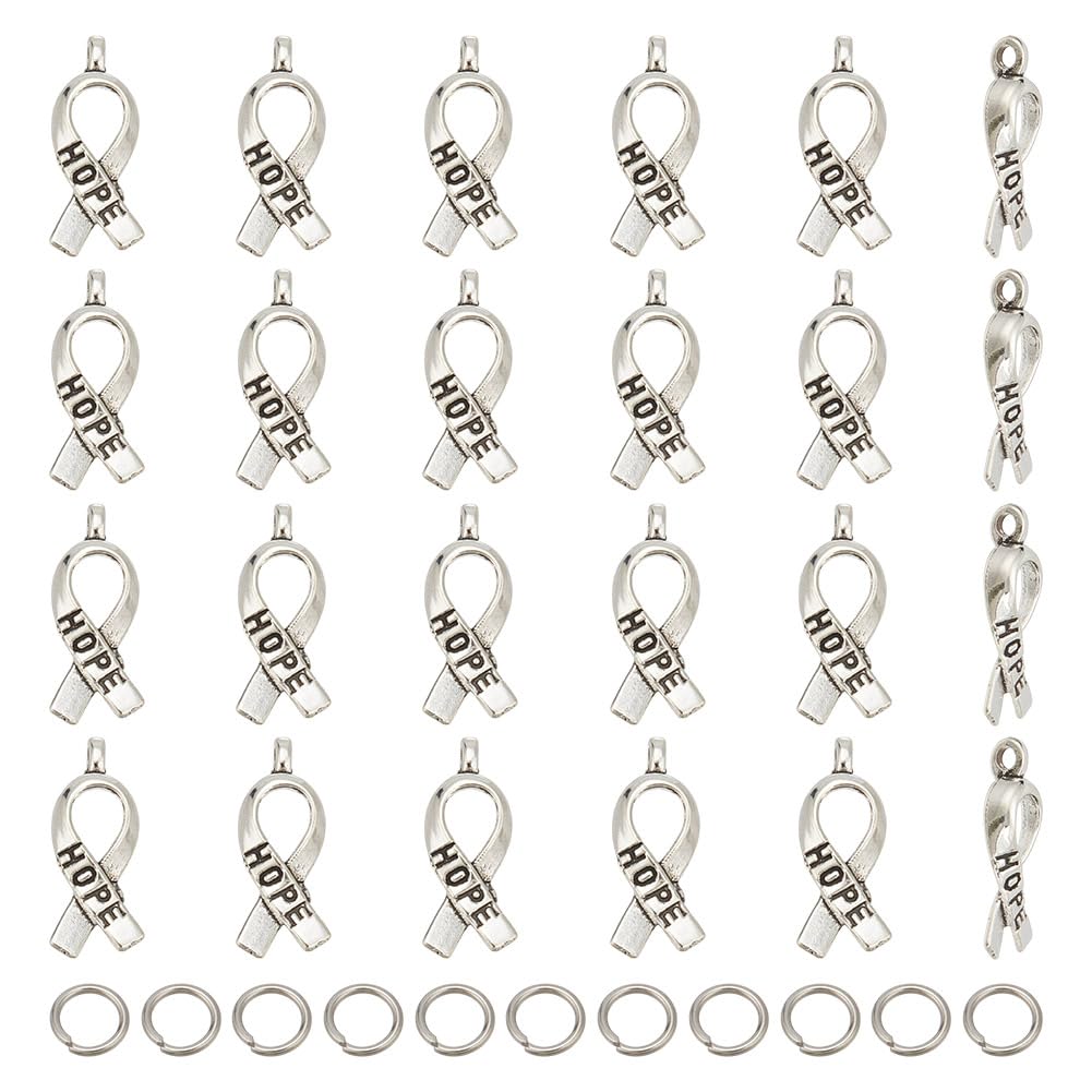 HOBBIESAY 150Pcs Antique Silver Hope Ribbon Pendant 19mm Tibetan Style Hope Ribbon Charms with 300Pcs Jump Rings Alloy Ribbon Dangle Pendants for Bracelet Necklace Earrings Making Hole: 2mm